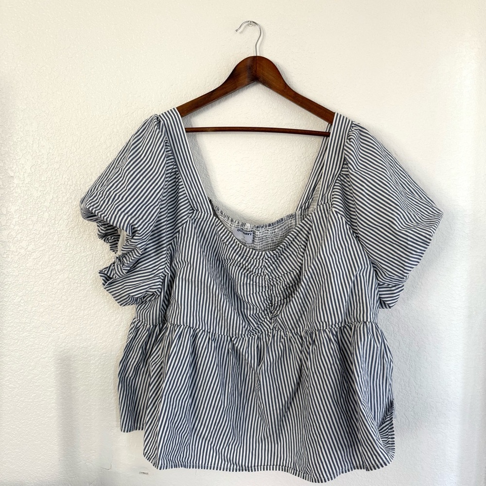 NEW Old Navy Womens Shirt Blue White Stripe Puff Sleeve Smocked Back Size 4X